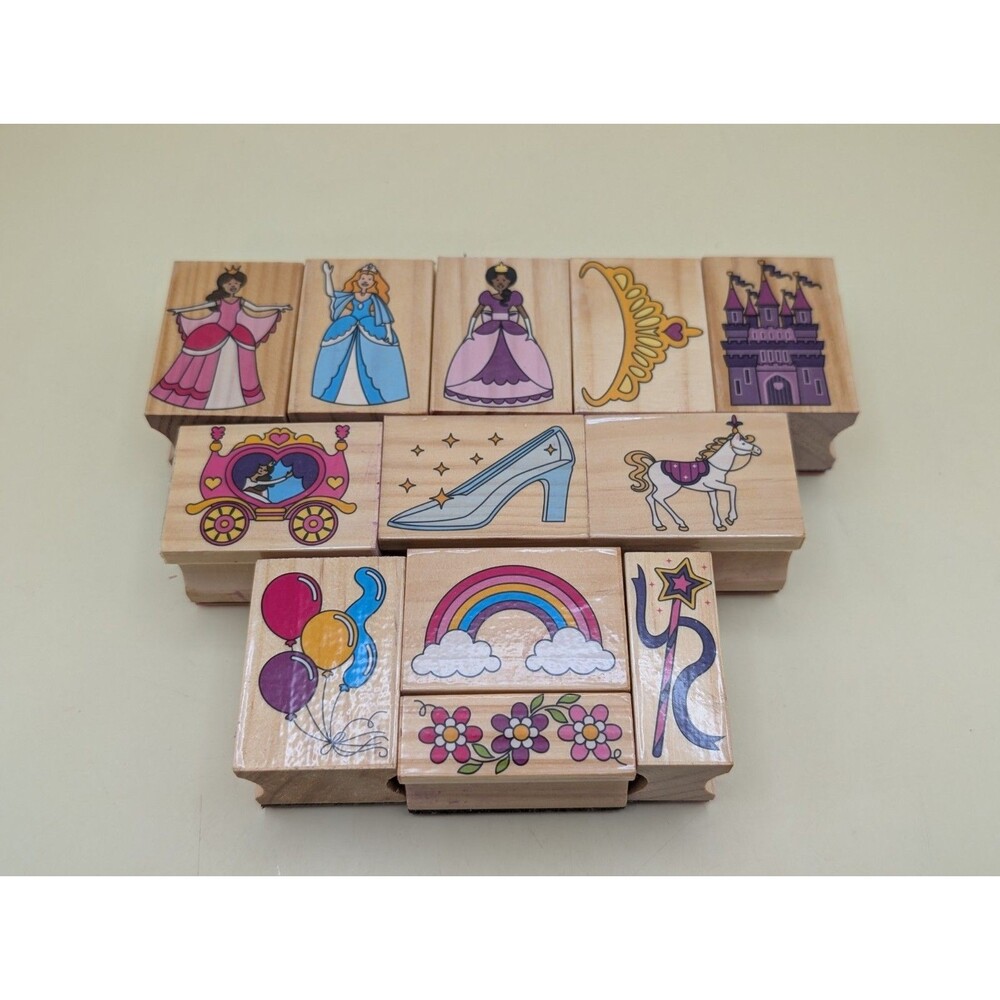 Melissa & Doug Wooden Rubber Stamp Mix Lot 12pc Princess Fairy Tale Castle Craft